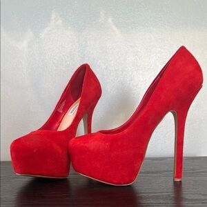 Gorgeous Red Leather Suede Platform Heels